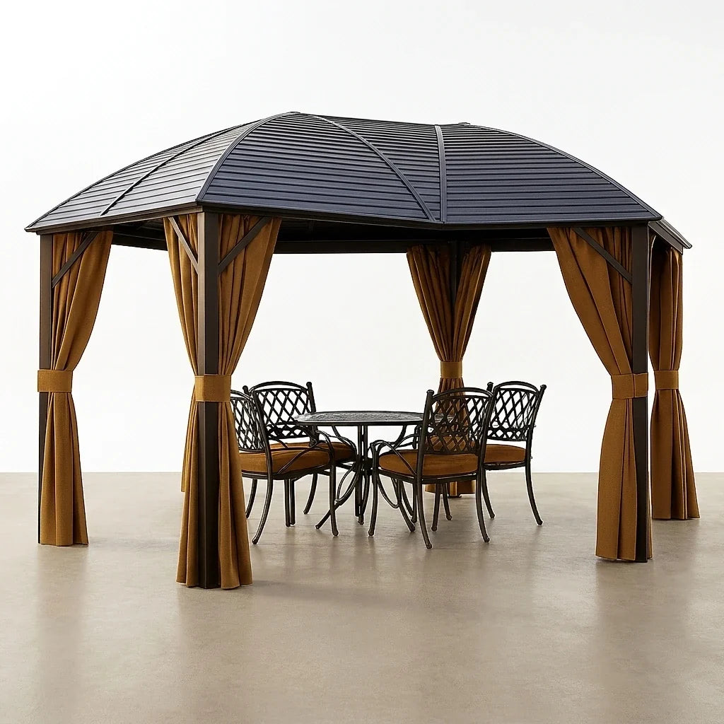 Aluminum Hardtop Gazebo Built to Shelter Year Round, 10x13 Curved Steel Roof, Privacy Curtains, All Season