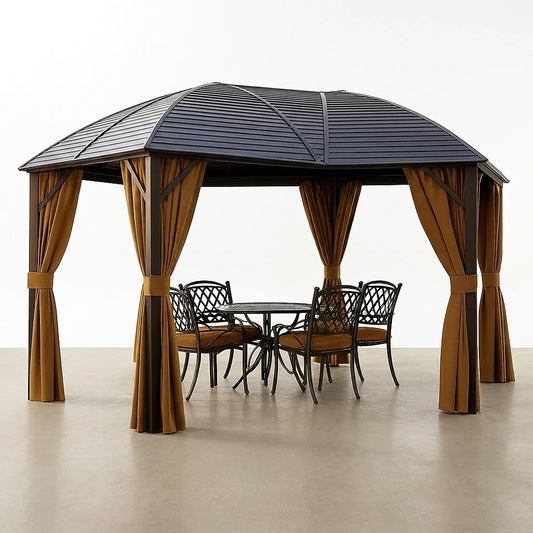 Aluminum Hardtop Gazebo Built to Shelter Year Round, 10x13 Curved Steel Roof, Privacy Curtains, All Season